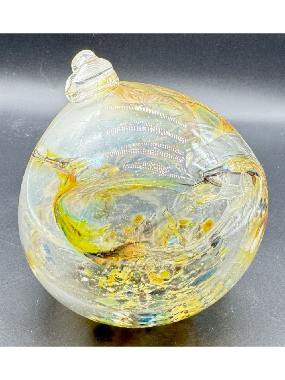 Large Hanging Hand-Blown Art Glass Sphere Ornament With Multicolor Details 5"D